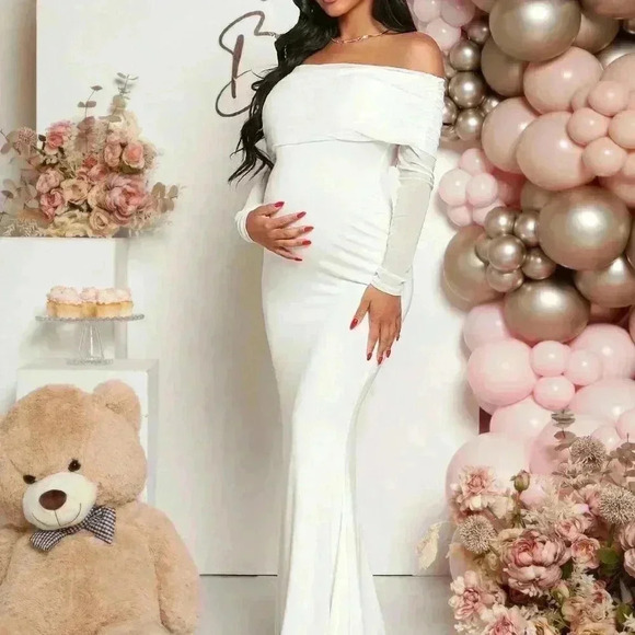 White Elegant Women's Maternity Off Shoulder Foldover Front Floor Length Dress - Picture 5 of 6